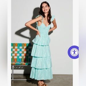 Saylor Myrtle Tiered Ruffle Midi Dress in Aqua/Mint with Metallic Thread